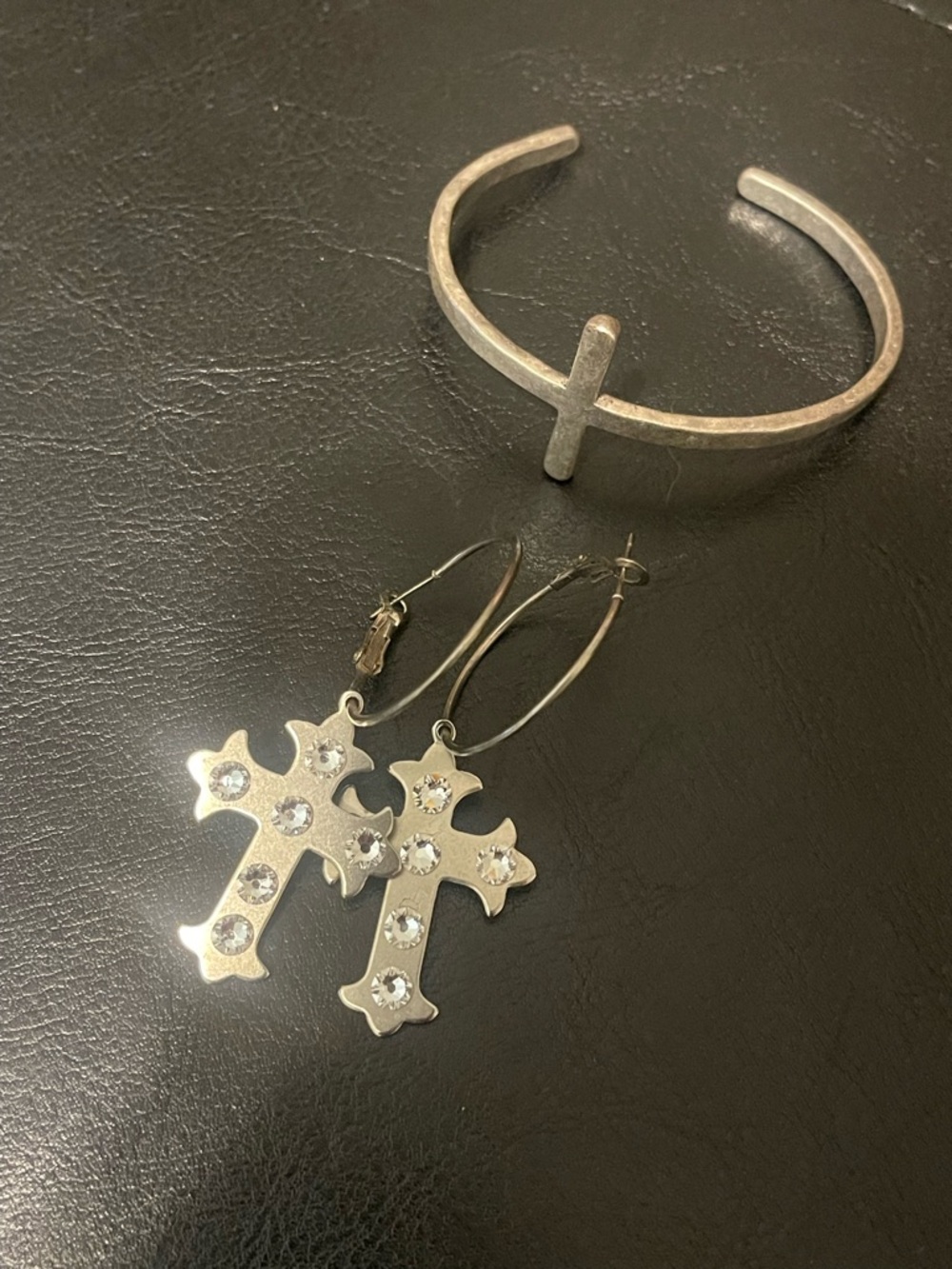Lucky Brand Silver Cross Dangle Earrings with Clear Stones